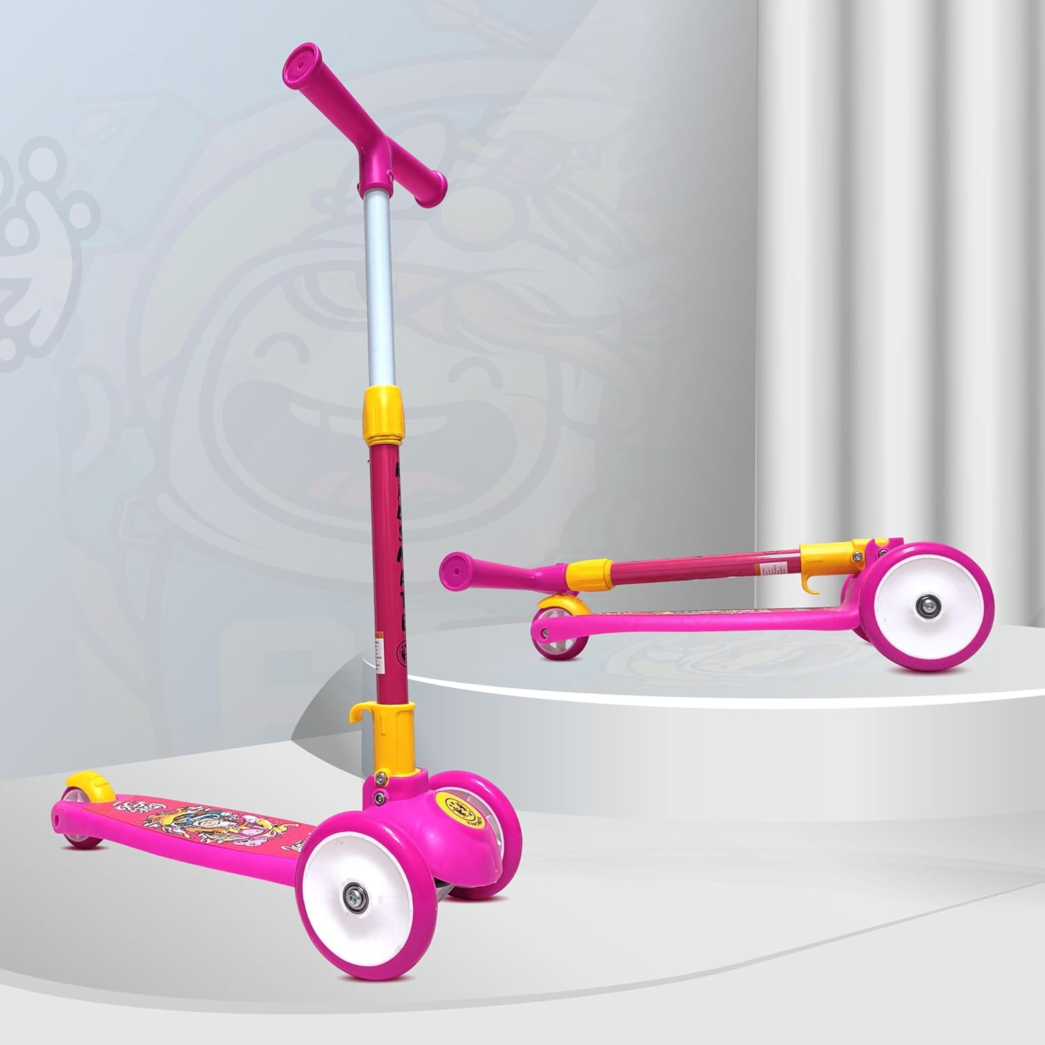 Kidsmate Leo Kick Scooter in black, designed for kids with 3 adjustable height settings, broad PVC wheels, and a reliable rare brake. Its foldable design makes storage and transport easy." www.usmile.toys www.usmile.toys